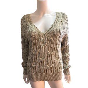 White House Black Market Beige Open Knit V-Neck Sweater Womens Size L EUC